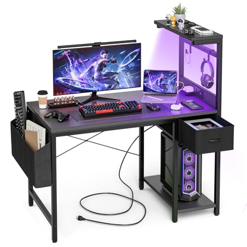 Grandder 40-Inch Gaming Desk with Power Outlet, LED Light & Reversible Shelves - Black (1 Drawer & LED)