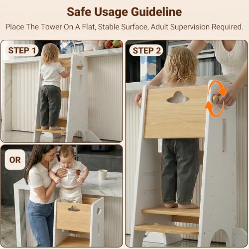 COSYLAND Toddler Kitchen Standing Tower with Safety Rail - Natural & White, Adjustable & Stable Toddler Step Stool
