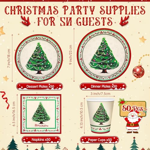 Retro Christmas Party Supplies Set for 50 Guests - Paper Plates, Napkins & Cups