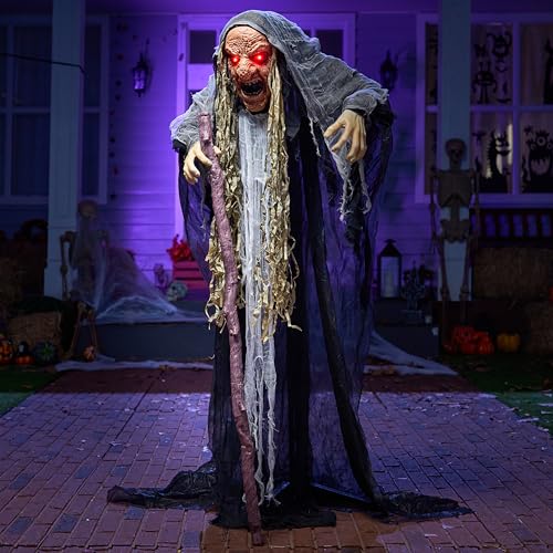 JOYIN Gray Hunchback Witch Halloween Animatronic Outdoor Decor with Light & Creepy Sound