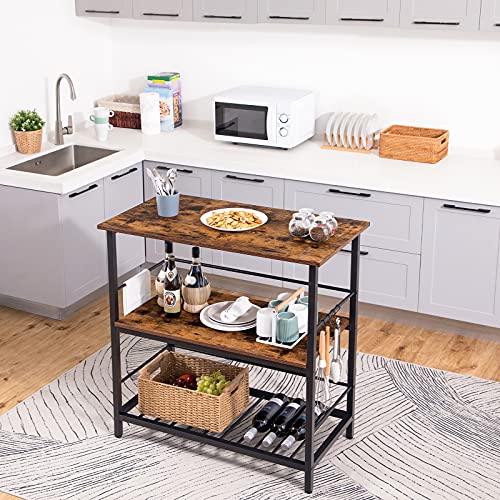 Kitchen Island with Wine Rack and Hooks, Rustic Brown 3-Tier Food Prep Station