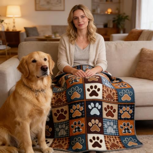 King Size Dog Paw Patchwork Quilt Set - Blue & Brown Microfiber Bedding, All Season, 3 Piece