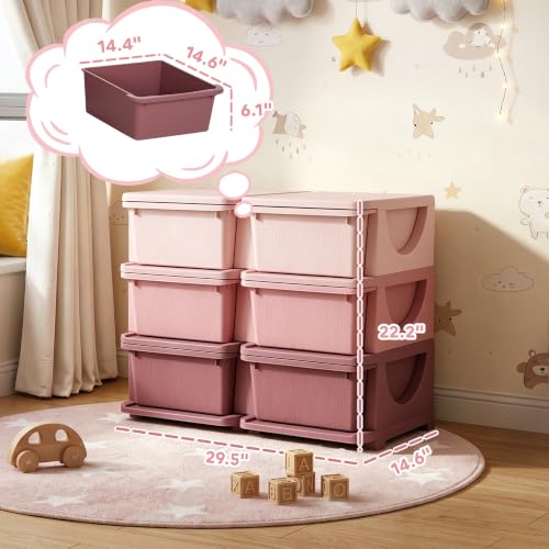 Qaba 6 Drawers Kids Storage Unit 3 Tier Toy Organizers Pink