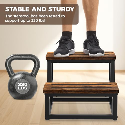 NomNest 2-Step Wooden & Metal Kitchen & Home Step Stool - Non-Slip, Sturdy, Portable