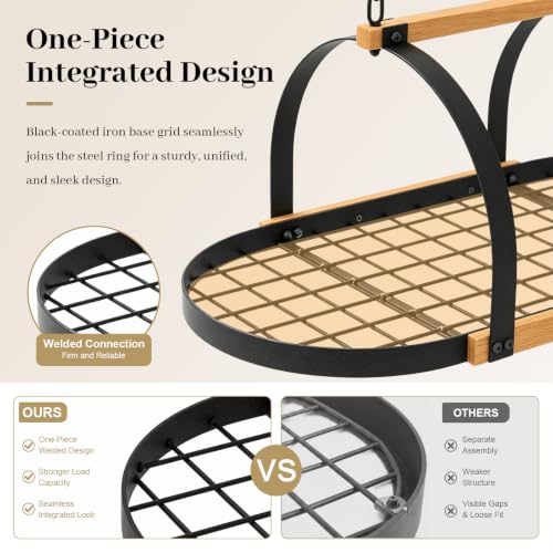 39-Inch Heavy Duty Ceiling Mount Pot Rack with 20 Hooks - Rustic Black & Wood