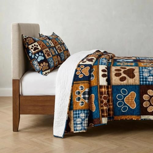 King Size Dog Paw Patchwork Quilt Set - Blue & Brown Microfiber Bedding, All Season, 3 Piece