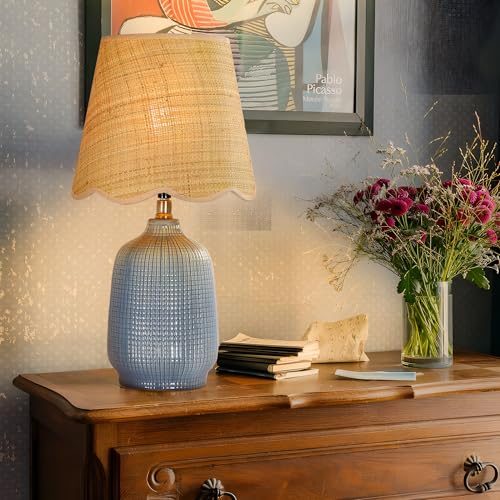 Navy Blue Ceramic Table Lamp with Rattan Shade - Modern 19" Desk Light for Living Room & Bedroom