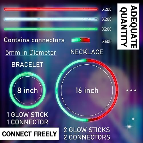 300 Pcs Glow Sticks Bulk Party Pack - Red, Green, White with Connectors (8 Inch)