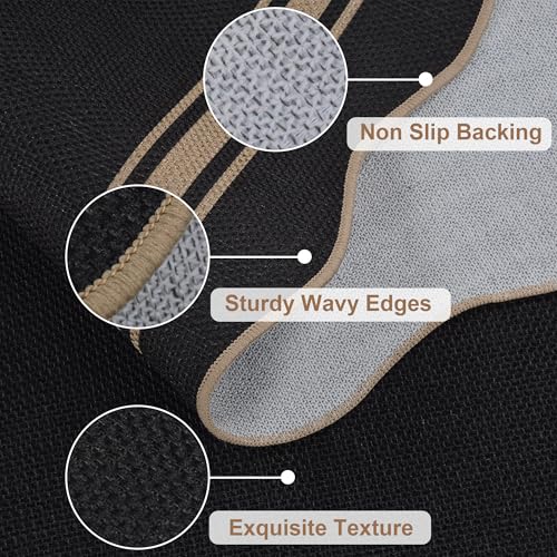 5x7 Rectangular Scalloped Jute Outdoor Rug - Black, Washable Patio Rug