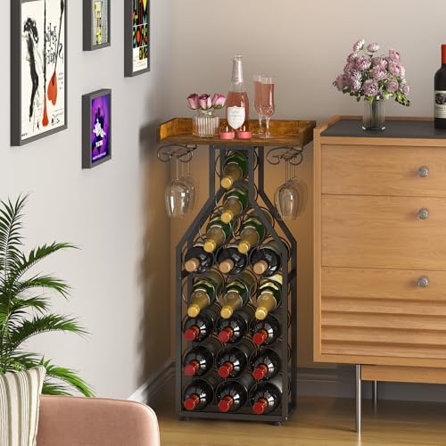 X-cosrack Freestanding Wine Rack for 19 Bottles with Glass Holder, Home Bar & Kitchen Storage