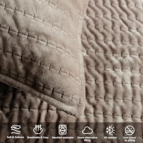 Velvet California King Quilt Set - Oversized Brown Taupe Striped Bedspread with Pillow Shams