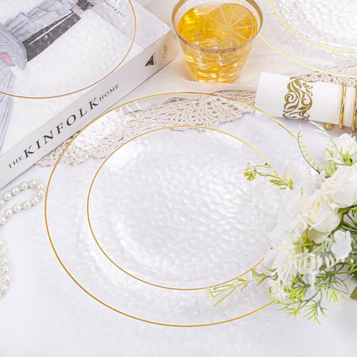 Clear Gold Plastic Dinnerware Set for 25 Guests - Hammered Plates & Cutlery