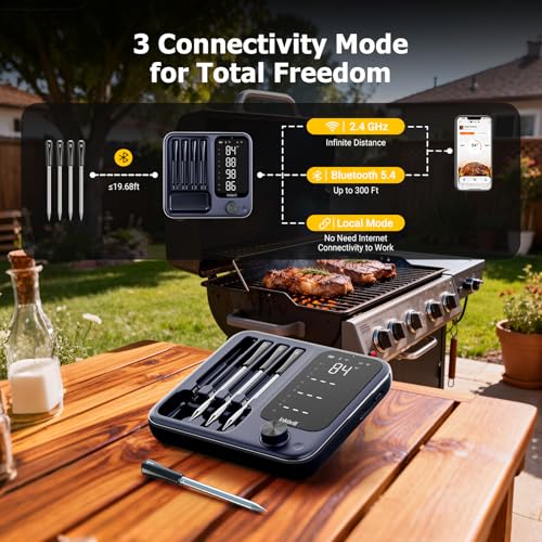 Wireless Meat Thermometer with App Control & 4 Probes for Grill Oven BBQ
