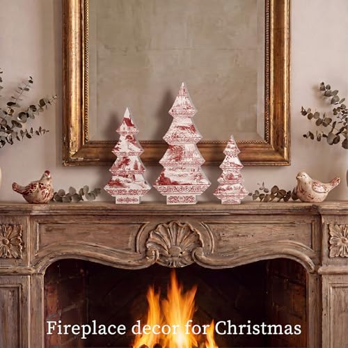 3-Piece Red Toile de Jouy Wood Christmas Trees Set