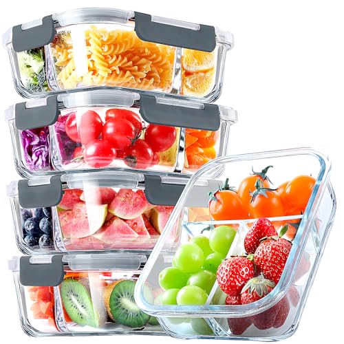 VERONES 5 Pack 36oz Grey Glass Food Storage Containers with 3 Compartments
