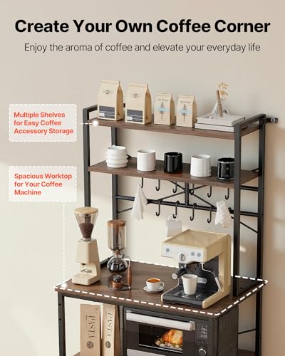 VEVOR 31.5 x 15.7 x 63.7 Inch Walnut Finish Kitchen Baker Rack with Hooks