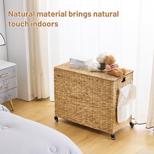 Water Hyacinth Laundry Hamper with Wheels & Lid, 52.8 Gallon, Natural, 3-Section with Removable Liners - 31.5"L x 15.75"W x 25.6"H