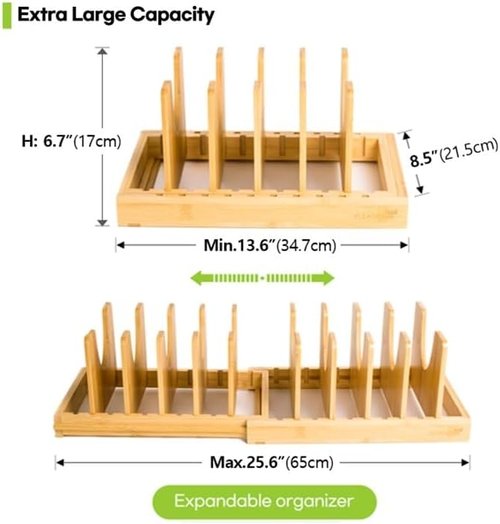 Bamboo Pots and Pans Organizer - Expandable Under Cabinet Storage for Bakeware & Cutting Boards | Adjustable Lid Holder