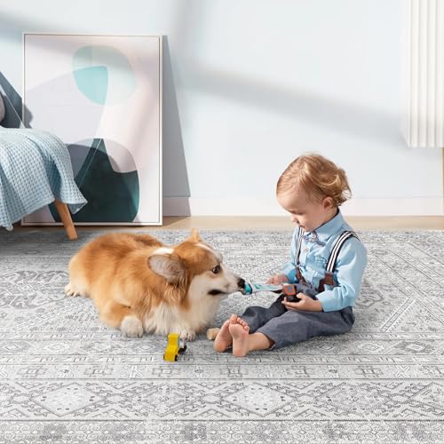 10x12 Grey Washable Area Rug with Non-Slip Backing - Vintage Style Living Room Carpet