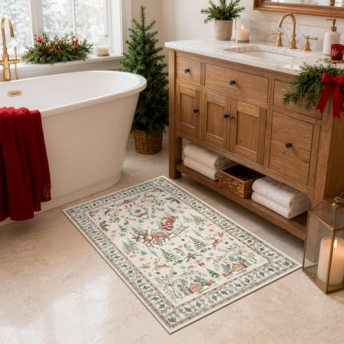 2x3 Beige Christmas Rug for Entryway, Washable Holiday Floor Mat