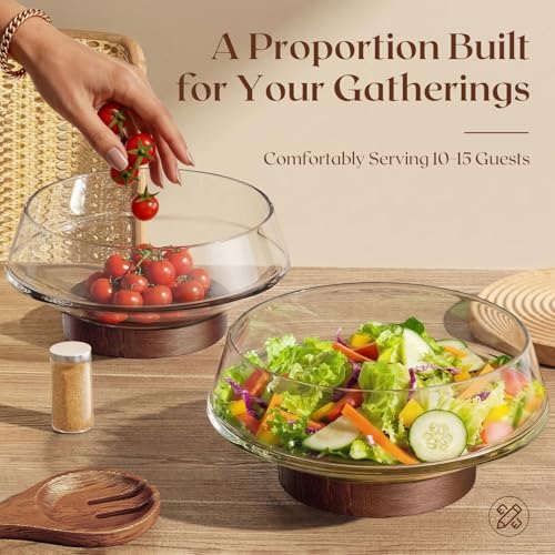 Golden Ratio Extra Large Crystal Glass Salad Bowl Set with Acacia Wooden Servers & Base - Hosting Essentials