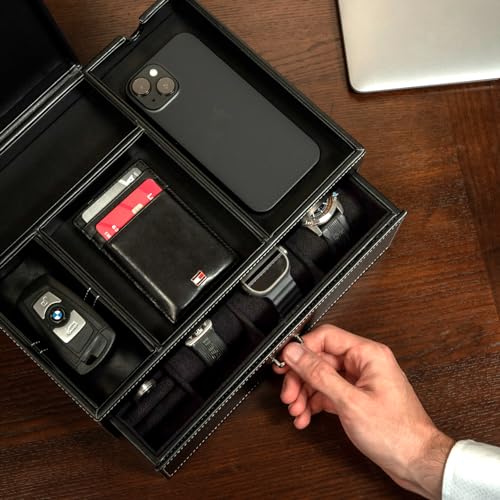 KALETY Black Mens Jewelry Box Organizer & Dresser Valet Tray