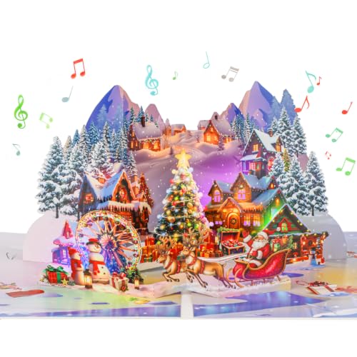 Pop Up Christmas Cards, 3D Snowy Forest Town Cards with Lights and