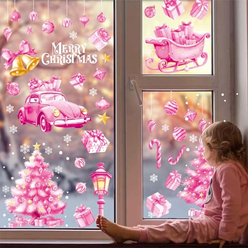 Pink Christmas Window Clings - 8 Sheets Holiday Decor for Glass & Surfaces