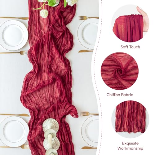 Sioloc Burgundy Cheesecloth Table Runner 10ft 5pc Set — Rustic Boho Wedding Decor