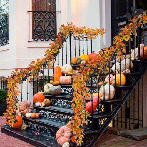 HUAESIN Fall Decor 6FT Fall Garland Autumn Eucalyptus Maple Leaves Harvest Festival Thanksgiving Christmas Hanging Flower Garlands for Home Mantle Fireplace Wedding Arch Dining Table Halloween Decor