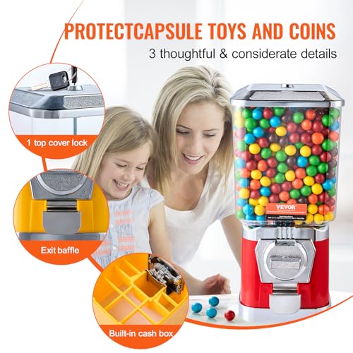 Red Gumball Machine for Kids - 17 Inch Candy Vending Dispenser with Coin Operation - Bouncy Balls & Capsule Toys