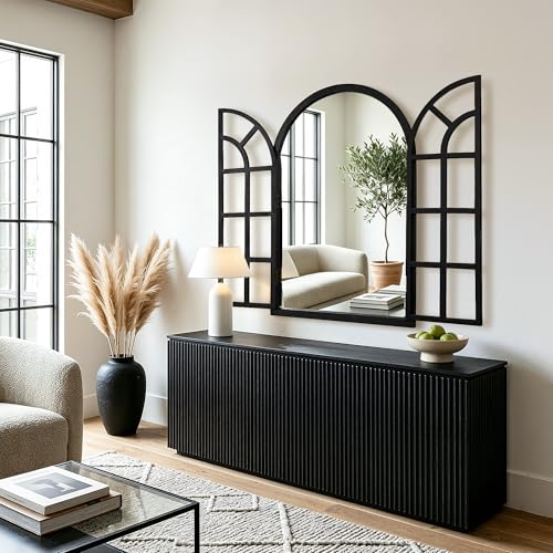 Black Arched Wood Mirror with Opening Shutters - 36 x 24 Inches Farmhouse Wall Decor