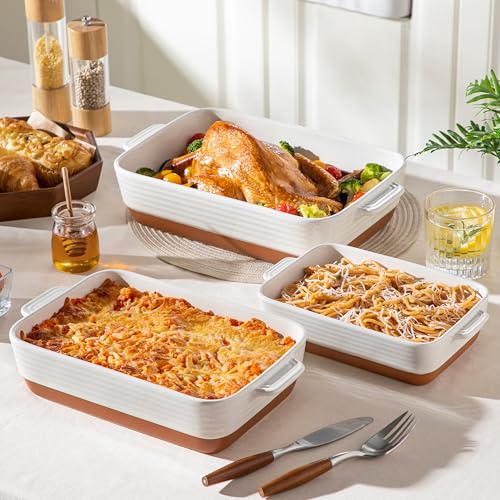 Ceramic Baking Dish Set of 3 - Rectangular Casserole Pans with Handles, Khaki White, Without Racks, Series TARA