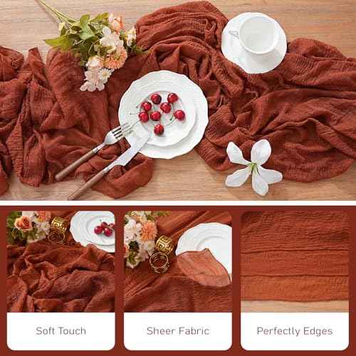 1Pcs Cheesecloth Fall Thanksgiving Table Runner Terracotta 10FT Boho Gauze Cheese Cloth Table Runners 120 Inches Long Rustic Sheer for Centerpiece Home Party Christmas Wedding Baby Shower Spring Decor