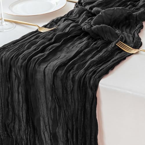 Black Cheesecloth Table Runner 10ft - Boho Rustic Decor, 10pc Set