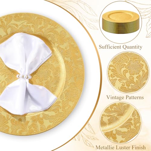 30 Pcs Gold Charger Plates 13" Floral Embossed Plastic - Acellegic