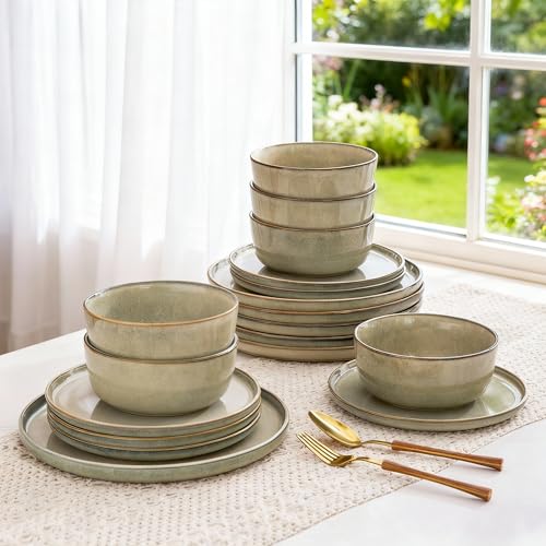Reactive Glaze Stoneware Dinnerware Set for 4 - 12 Pieces, Plates & Bowls