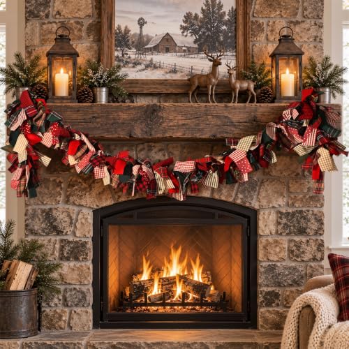Rustic Farmhouse Christmas Garland with Plaid Flags - Reusable Indoor Holiday Decor