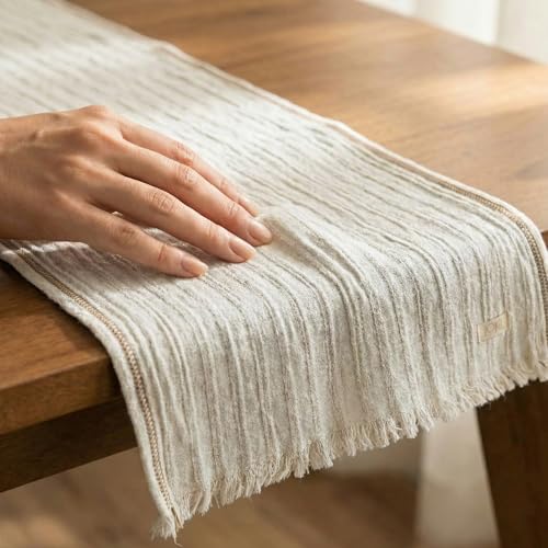 Jojomia Warm Cream Turkish Cotton Table Runner 27x70 Inch, Oeko-TEX Certified, Hemstitched, Machine Washable Dining Decor