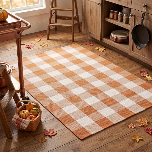 Caramel Buffalo Plaid Rug 3 x 5 ft for Entryway, Porch & Indoor Use - Farmhouse Style