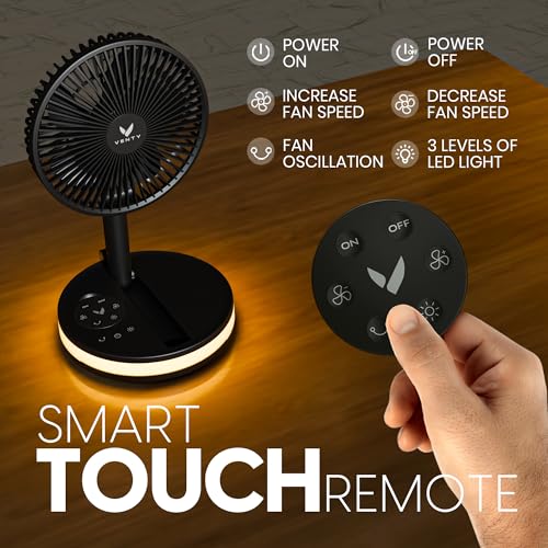 VENTY Black Portable Fan - Wireless Battery Operated with LED Lights & Remote