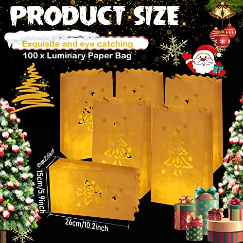 Sabary 100 Pack White Flame-Resistant Christmas Luminary Bags with Tree Cutouts, Reusable Paper Lanterns for Holiday Decor