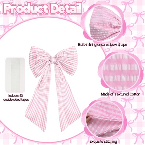 Pink Textured Cotton Gingham Bow - 40x24 Inch Oversized Decor with Double-Sided Tape