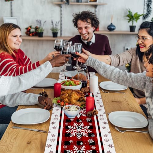 Pedenty Red Buffalo Plaid Christmas Table Runner with White Snowflakes, 72 x 13 in (Variation: Red Snowflake)