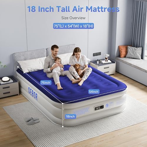 Blue Full Size Air Mattress with Built-In Pump - Comfortable Self-Inflating, Durable Blow Up Bed for Guests, Camping, Travel