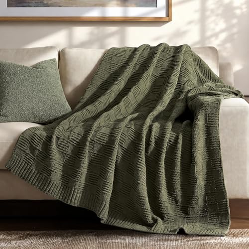 EverGrace Modern Checkered Chenille Throw Blanket - Olive Green 60x80