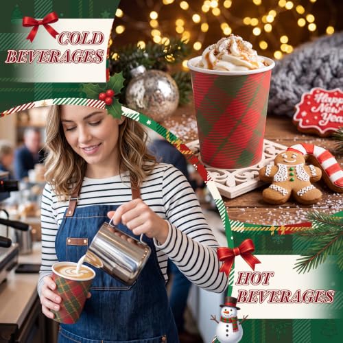 Mimorou 180Pcs 8oz Christmas Plaid Coffee Cups with Lids & Sleeves - Red Green