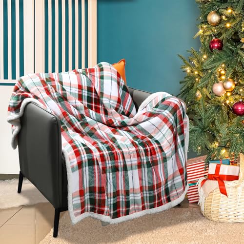 KEASKELL 2Pcs Christmas Holiday Plaid Throw Blanket Set Checkered Rustic Red Green