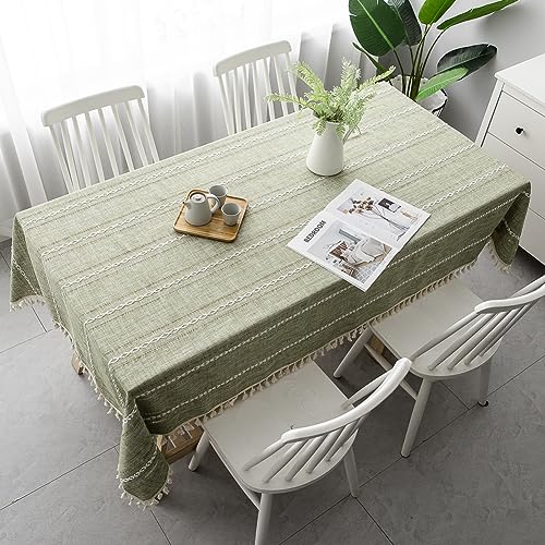 Meioro Sage Green Rustic Cotton Linen Tablecloth 55x120" with Tassels - Farmhouse Decor