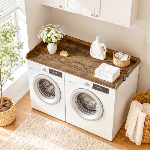 PEGZONE 1-Tier Water-Resistant Countertop Laundry Shelf with Adjustable Hooks, Brown